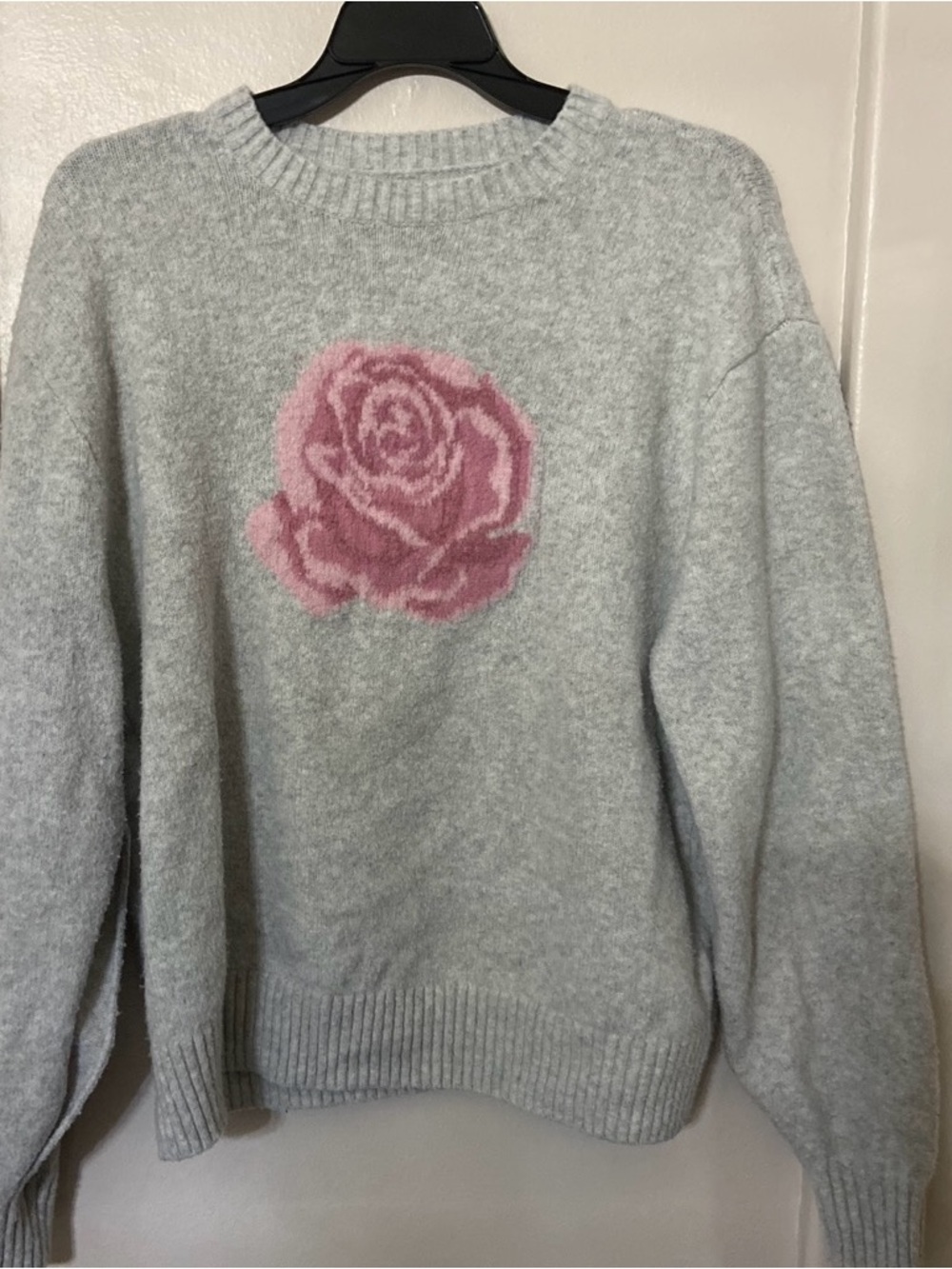 Hollister Light Gray Crewneck Sweater with Pink Rose